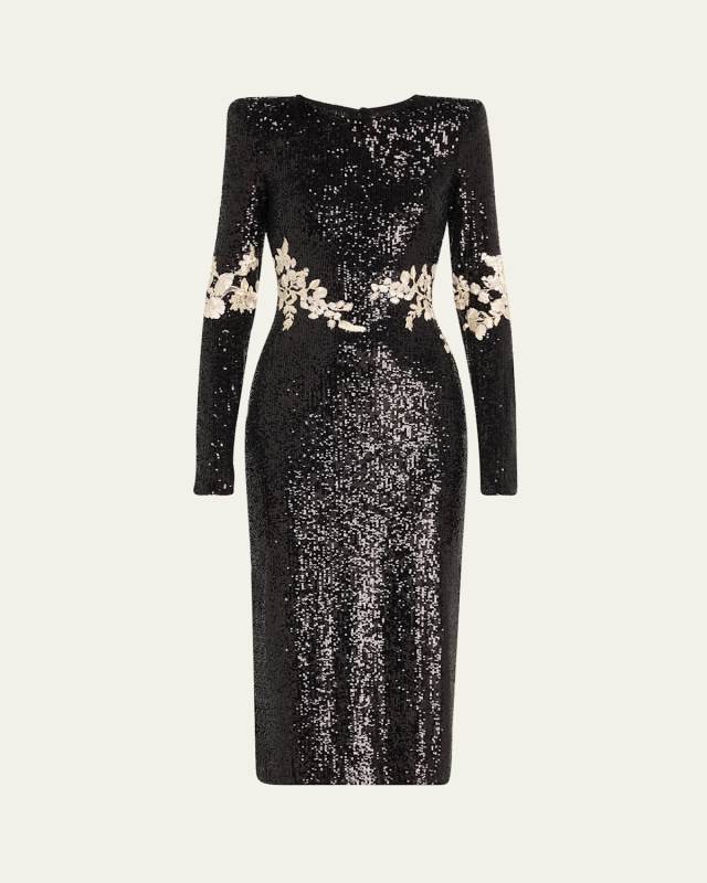 Floral Applique Stretch Sequined Strong-Shoulder Midi Dress